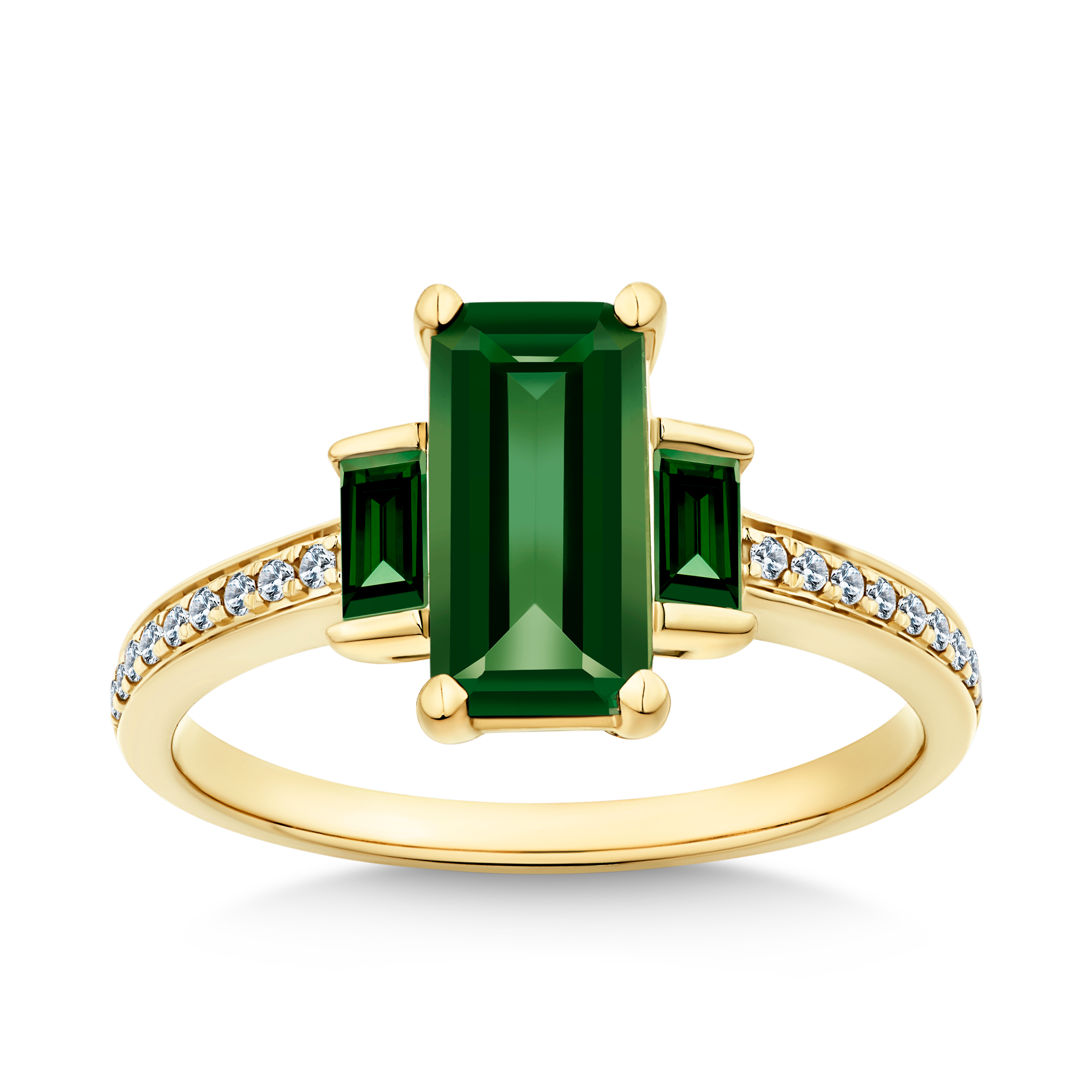 Created Emerald & Diamond Trilogy Ring in 9ct Yellow Gold