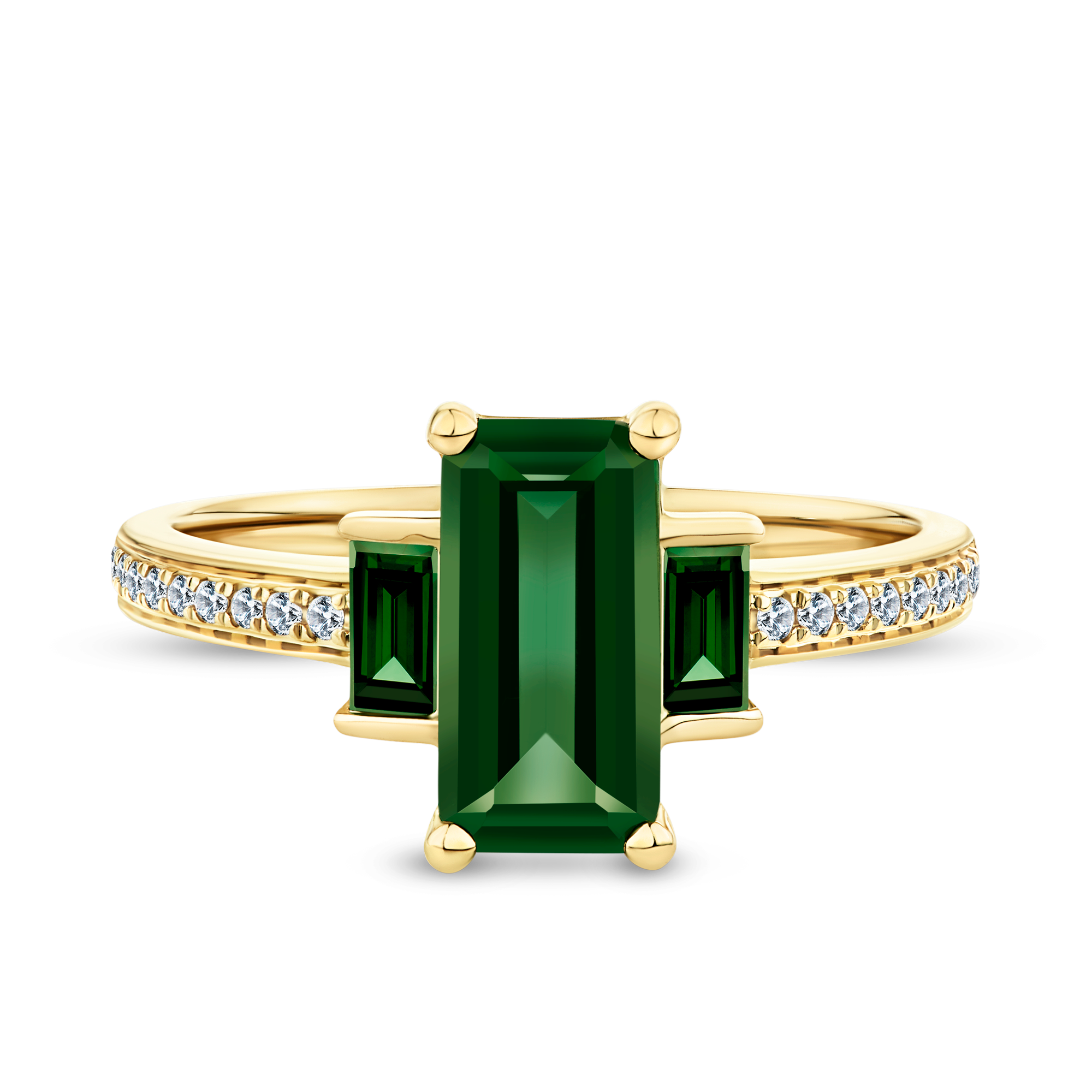 Created Emerald & Diamond Trilogy Ring in 9ct Yellow Gold