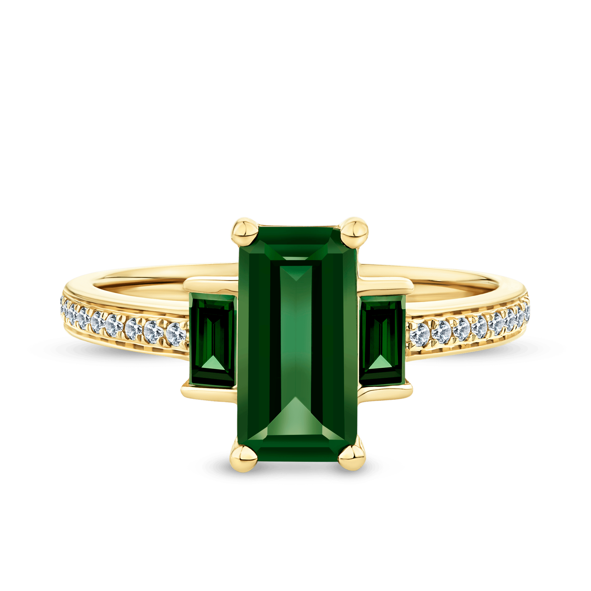 Created Emerald & Diamond Trilogy Ring in 9ct Yellow Gold