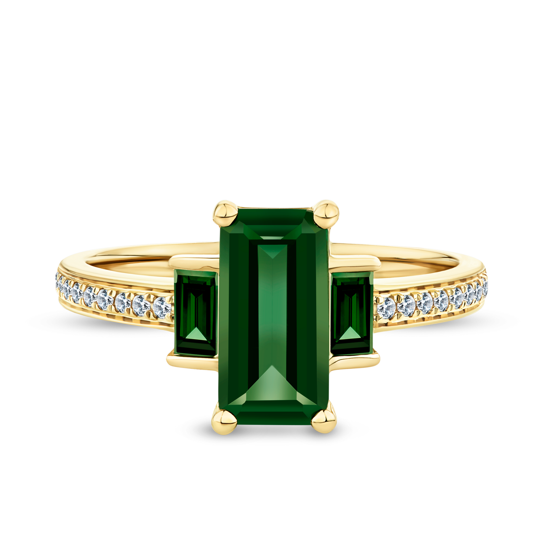 Created Emerald & Diamond Trilogy Ring in 9ct Yellow Gold