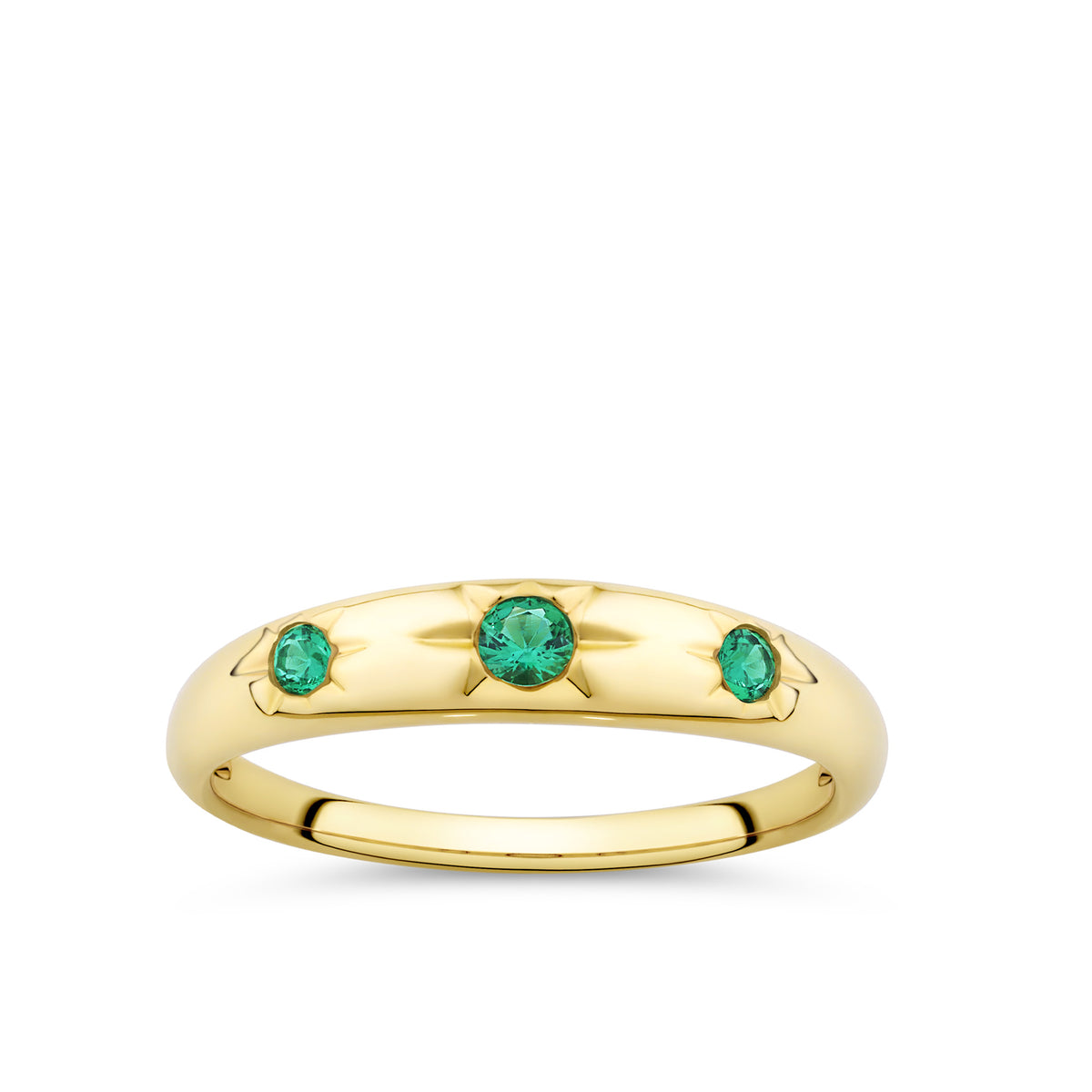 Front-on view of the Wallace Bishop Created Emerald Starburst Ring in 9ct Yellow Gold, reference 38RGSBEYO. Three round created emeralds sit in a star hammer setting across the front of the tapered gold ring.