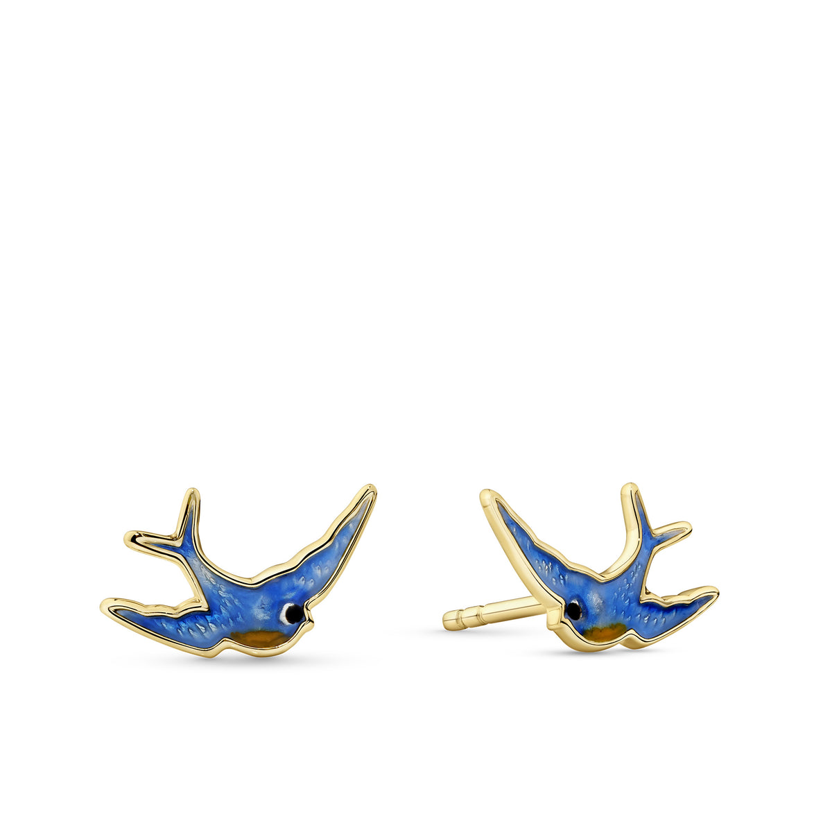 Front-on view of the Wallace Bishop Bluebird of Happiness Stud Earrings in 9ct Yellow Gold with blue enamel, reference 39BB06, each measuring 12 x 7.70mm. Each stud features a small bluebird finished in bright blue enamel.