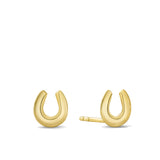 Front-on view of the Wallace Bishop Horseshoe Stud Earrings in 9ct Yellow Gold, reference 39ER130. Each polished stud earring is shaped as a classic horseshoe.