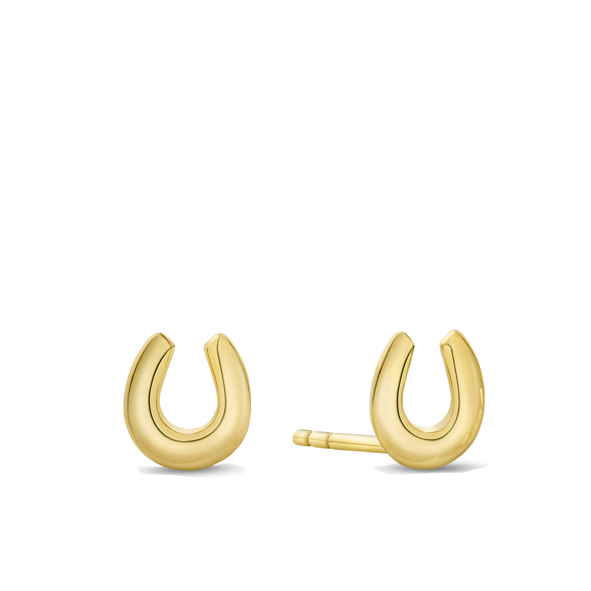 Front-on view of the Wallace Bishop Horseshoe Stud Earrings in 9ct Yellow Gold, reference 39ER130. Each polished stud earring is shaped as a classic horseshoe.