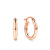 A pair of 9ct rose gold hoop earrings shown front on, displaying their classic polished round silhouette in a 15.5mm length. The slim 2.5mm hoops feature a secure clip-in clasp, styled for everyday wear.