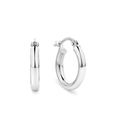 A pair of 9ct white gold hoop earrings shown front on, displaying their classic polished round silhouette in a 15.5mm length. The slim 2.5mm hoops feature a secure clip-in backing, styled for everyday wear.