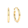 A pair of 9ct yellow gold hoop earrings shown front on, displaying their classic polished round silhouette in a 20mm length. The slim 2.5mm hoops are lightweight, styled for everyday wear.