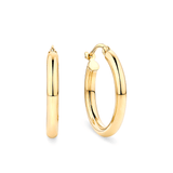 A pair of 9ct yellow gold hoop earrings shown front on, displaying their classic polished round silhouette in a 20mm length. The slim 2.5mm hoops are lightweight, styled for everyday wear.