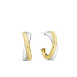 Front-on view of the Wallace Bishop Crossover Hoop Earrings in Sterling Silver & 9ct Yellow Gold, reference 39MIXE002, secured with a butterfly back. Each earring features a lightweight, two-toned crossover design combining polished gold and silver.