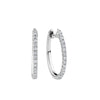 A pair of 9ct white gold hoop earrings shown front on, featuring 36 claw-set round brilliant cut natural diamonds, measuring 19mm in length and 1.5mm in diameter.