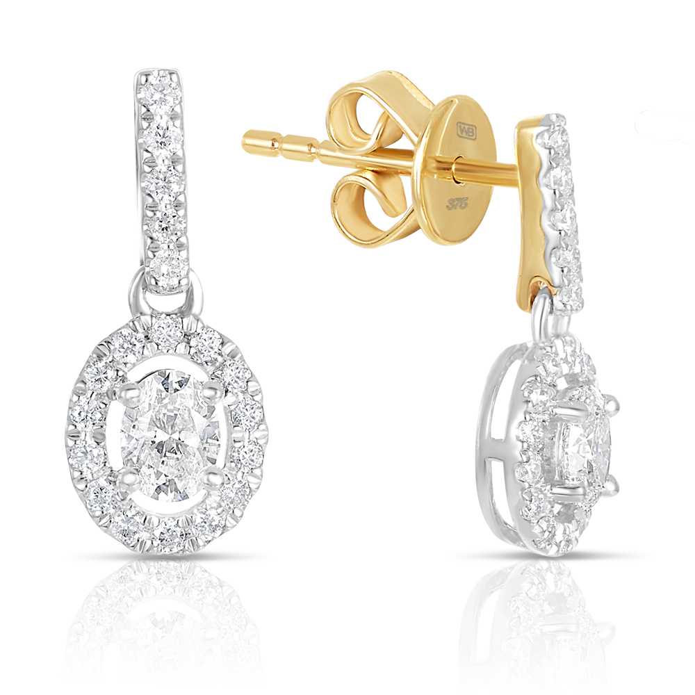 Oval Diamond Drop Earrings in 9ct Yellow and White Gold TGW 0.50ct