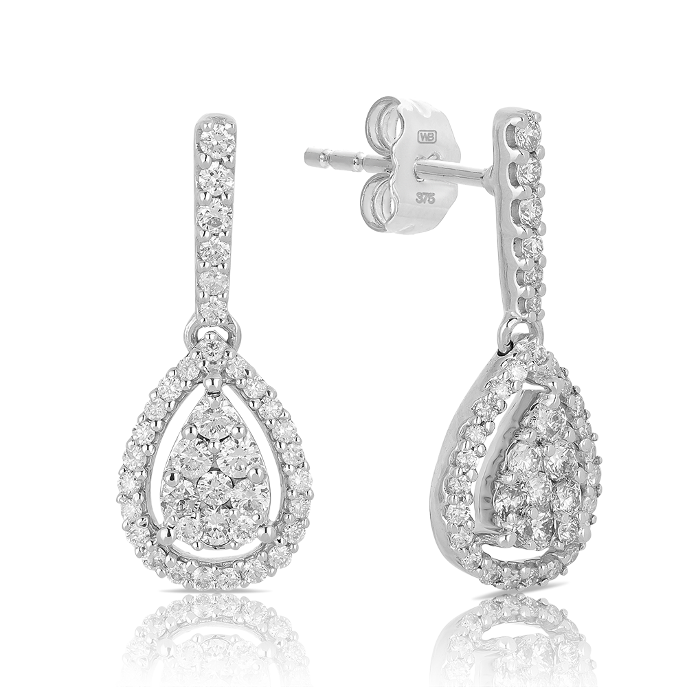 Diamond Pear Shape Cluster Drop Earrings in 9ct White Gold