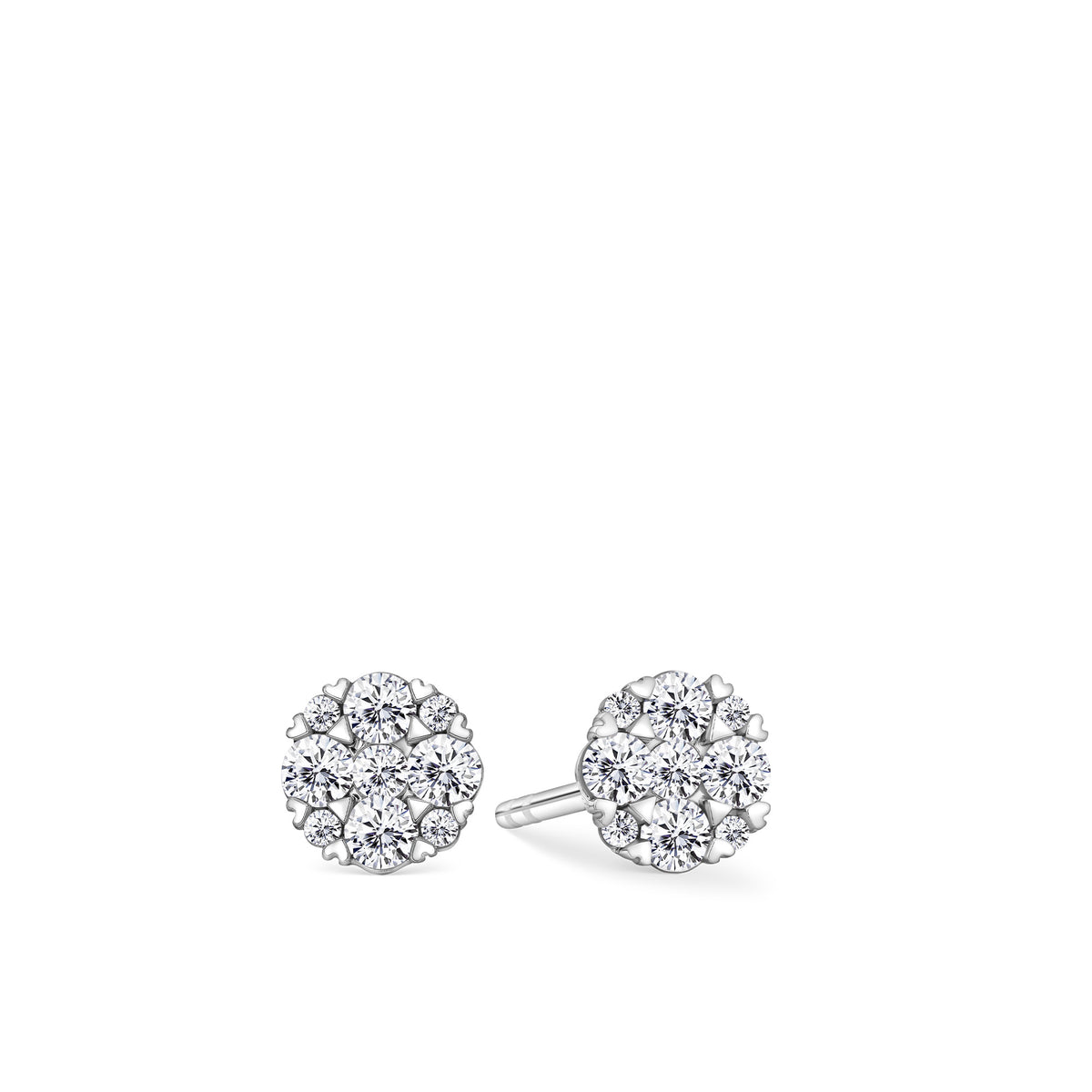 Front-on view of the Wallace Bishop 0.25 TDW Round Diamond Heart Prong Stud Earrings in 9ct White Gold, reference 3EBB239W. Each earring features a cluster of claw-set natural round diamonds framed by small heart-shaped prong details.