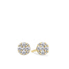 Front-on view of the Wallace Bishop 0.25 TDW Round Diamond Heart Prong Stud Earrings in 9ct Yellow Gold, reference 3EBB239Y. Each earring features a cluster of claw-set natural round diamonds framed by small heart-shaped prong details.