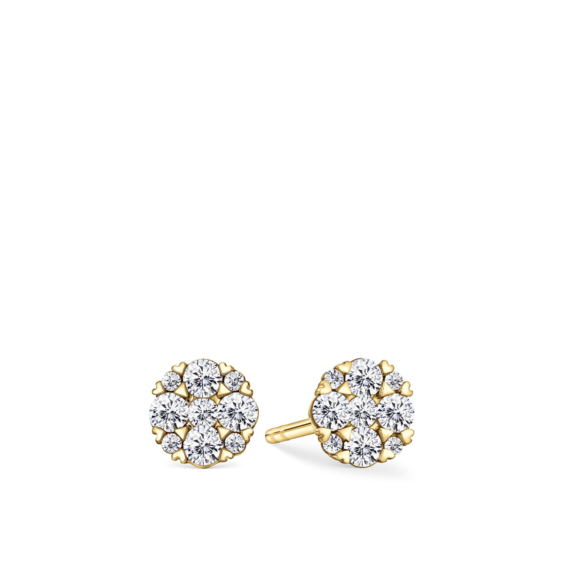 Front-on view of the Wallace Bishop 0.25 TDW Round Diamond Heart Prong Stud Earrings in 9ct Yellow Gold, reference 3EBB239Y. Each earring features a cluster of claw-set natural round diamonds framed by small heart-shaped prong details.