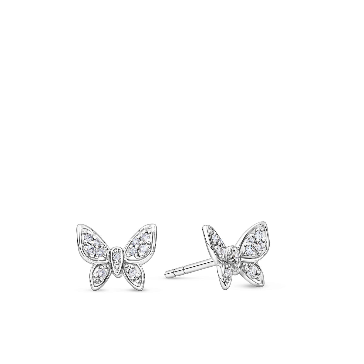Front-on view of the Wallace Bishop 0.06 TDW Round Diamond Butterfly Stud Earrings in 9ct White Gold, reference 3EBFL01W. Each earring features a butterfly design pavé set with round natural diamonds.