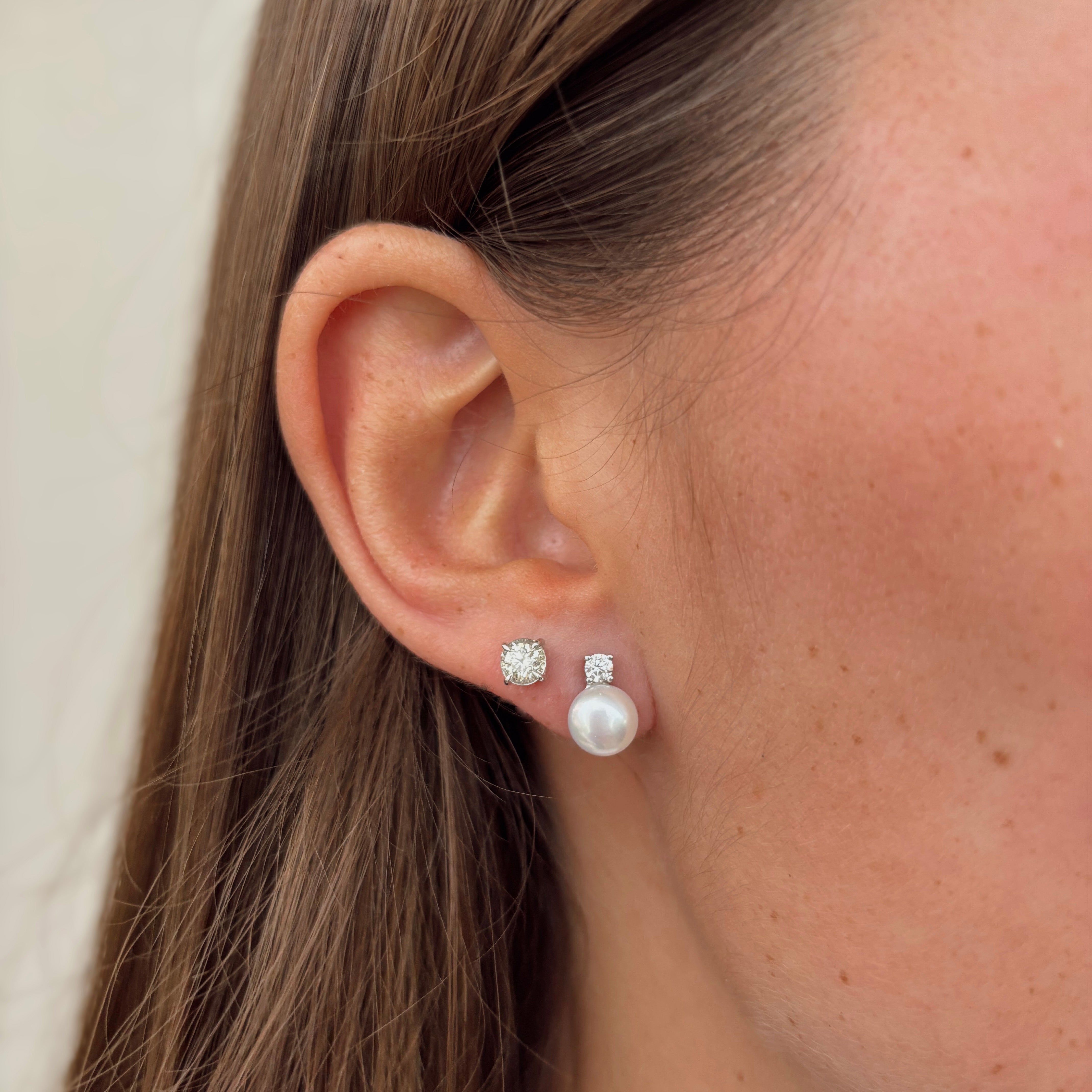 Freshwater Pearl & Cubic Zirconia Stud Earrings in Sterling Silver in Red Bauble