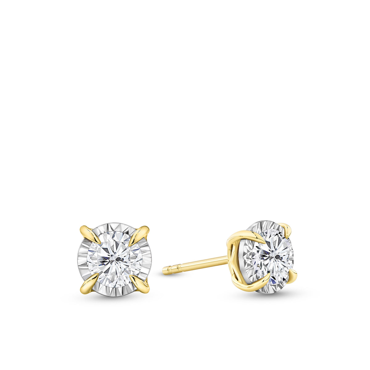 Front-on view of the Wallace Bishop Essence 0.93 TDW Round Diamond Solitaire Stud Earrings in 9ct Yellow Gold, reference 3EBRI100Y, measuring 6.50mm and secured with butterfly backs. Each classic stud features a single round diamond in a four-claw eagle claw setting.