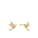 Front-on view of the Wallace Bishop 0.02 TDW Round Diamond Hummingbird Stud Earrings in 9ct Yellow Gold, reference 3ED02Y. Each earring features a hummingbird design accented by a natural round cut diamond.