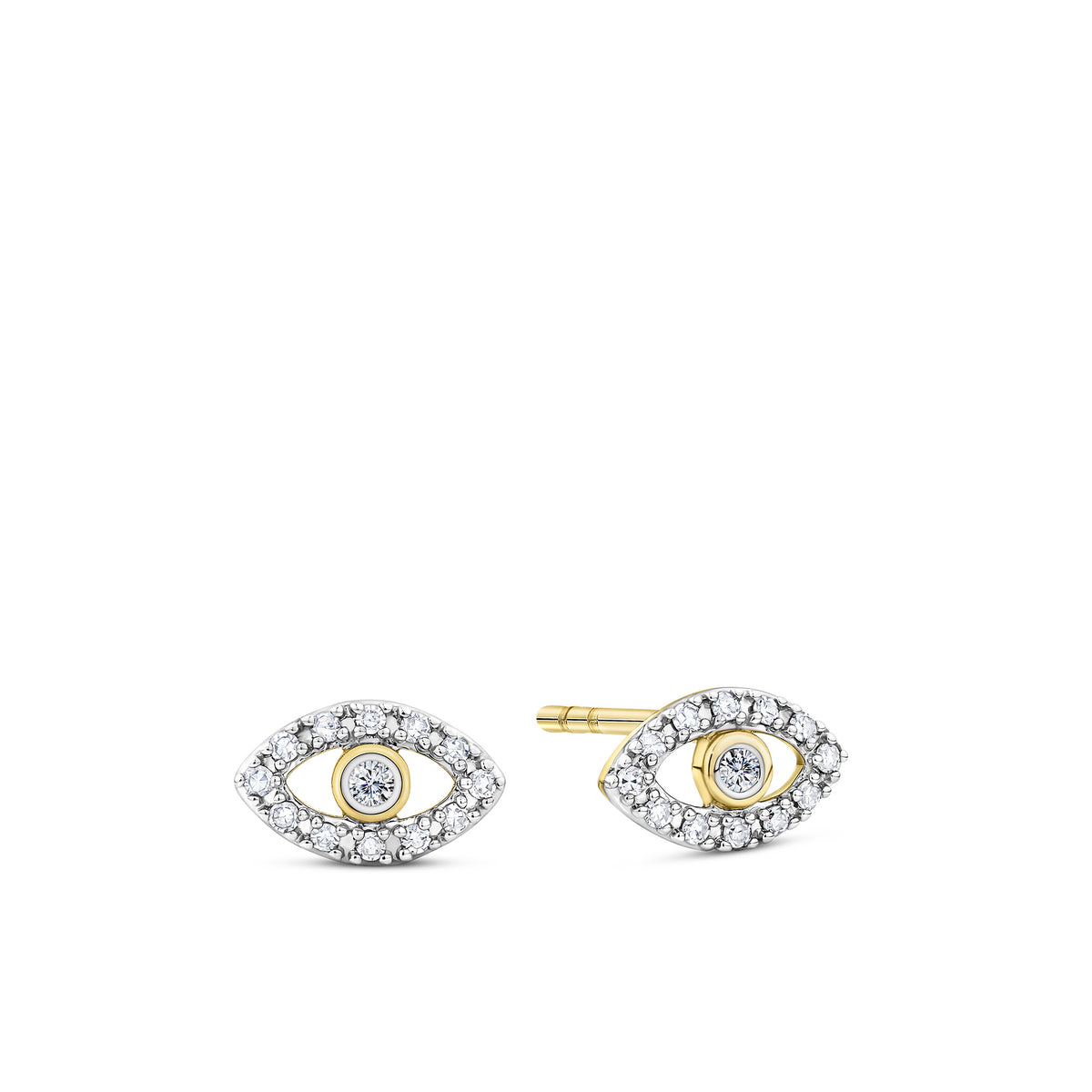 Front-on view of the Wallace Bishop 0.09 TDW Round Diamond Evil Eye Stud Earrings in 9ct Yellow Gold, reference 3EEYE01Y. Each earring features a classic evil eye design pavé set with round natural diamonds.