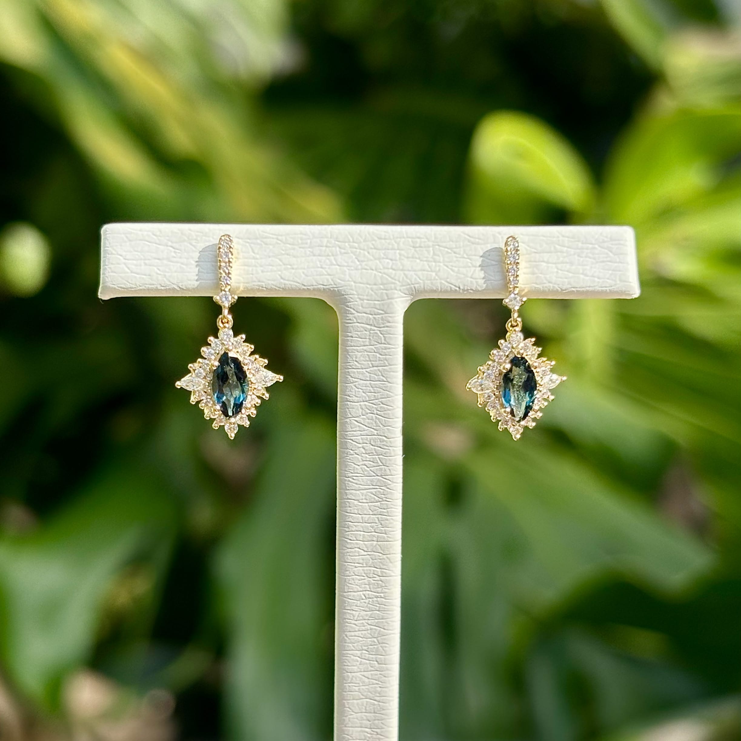 Bluebird™ London Blue Topaz & 0.30ct Diamond Marquise Halo Drop Earrings in 9ct Yellow Gold