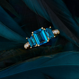 Bluebird London Blue Topaz & Diamond Trilogy Ring in 9ct Yellow Gold