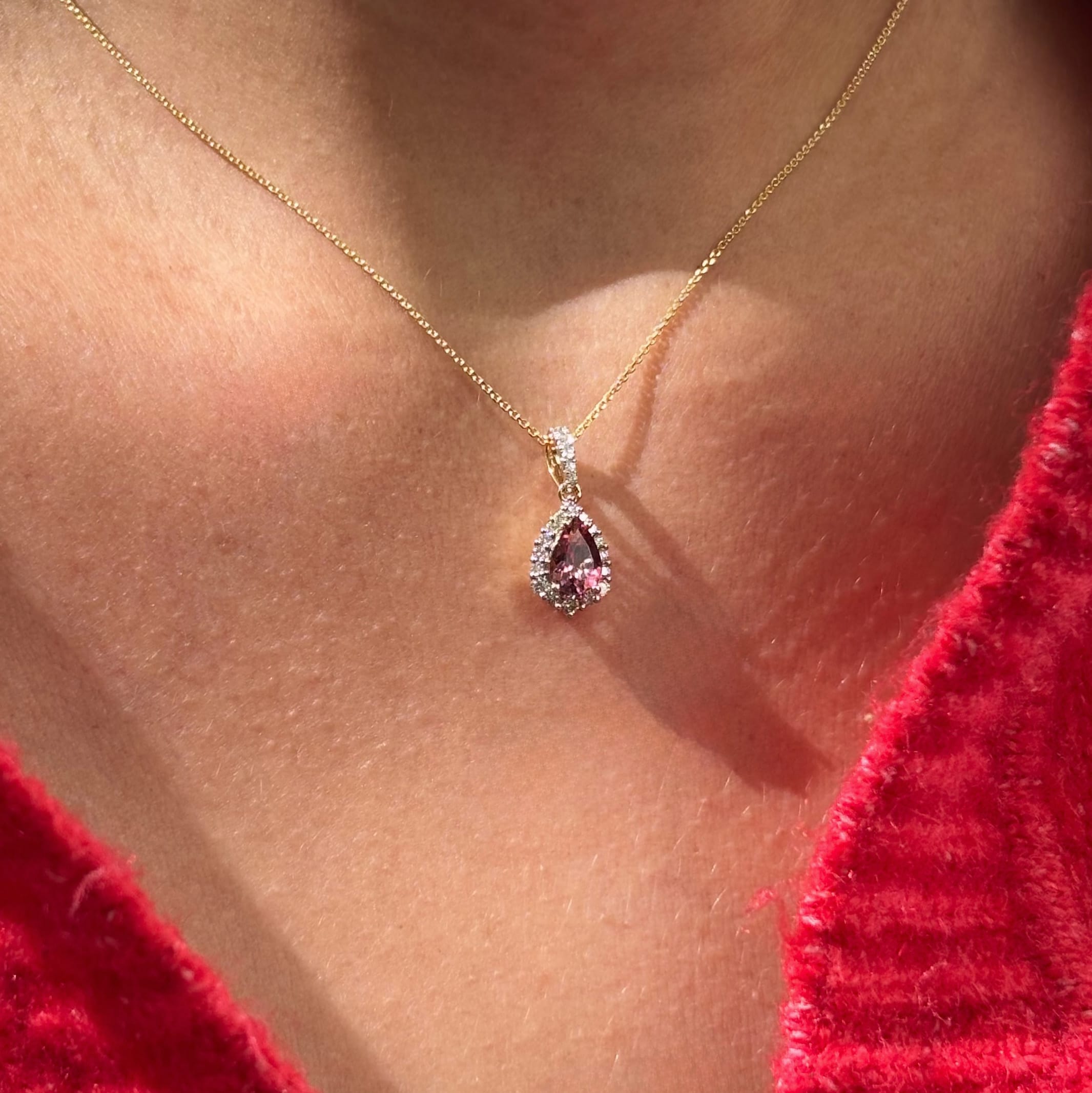 Bluebird™ Pear Cut Pink Tourmaline Claw Set Pendant with Chain in 9ct Yellow Gold