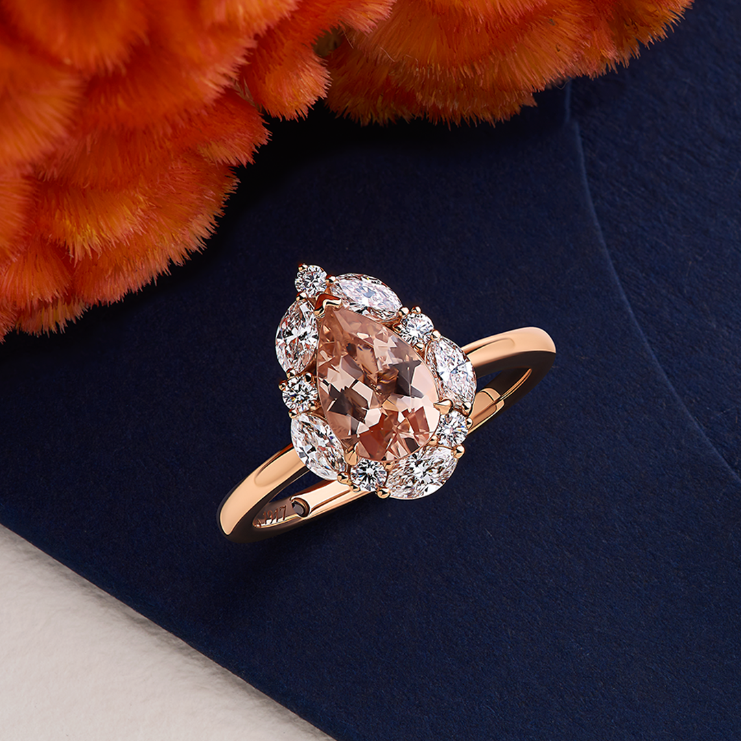 1917™ Morganite & 0.52ct TW Diamond Vintage Pear Halo Engagement Ring in 18ct Rose Gold