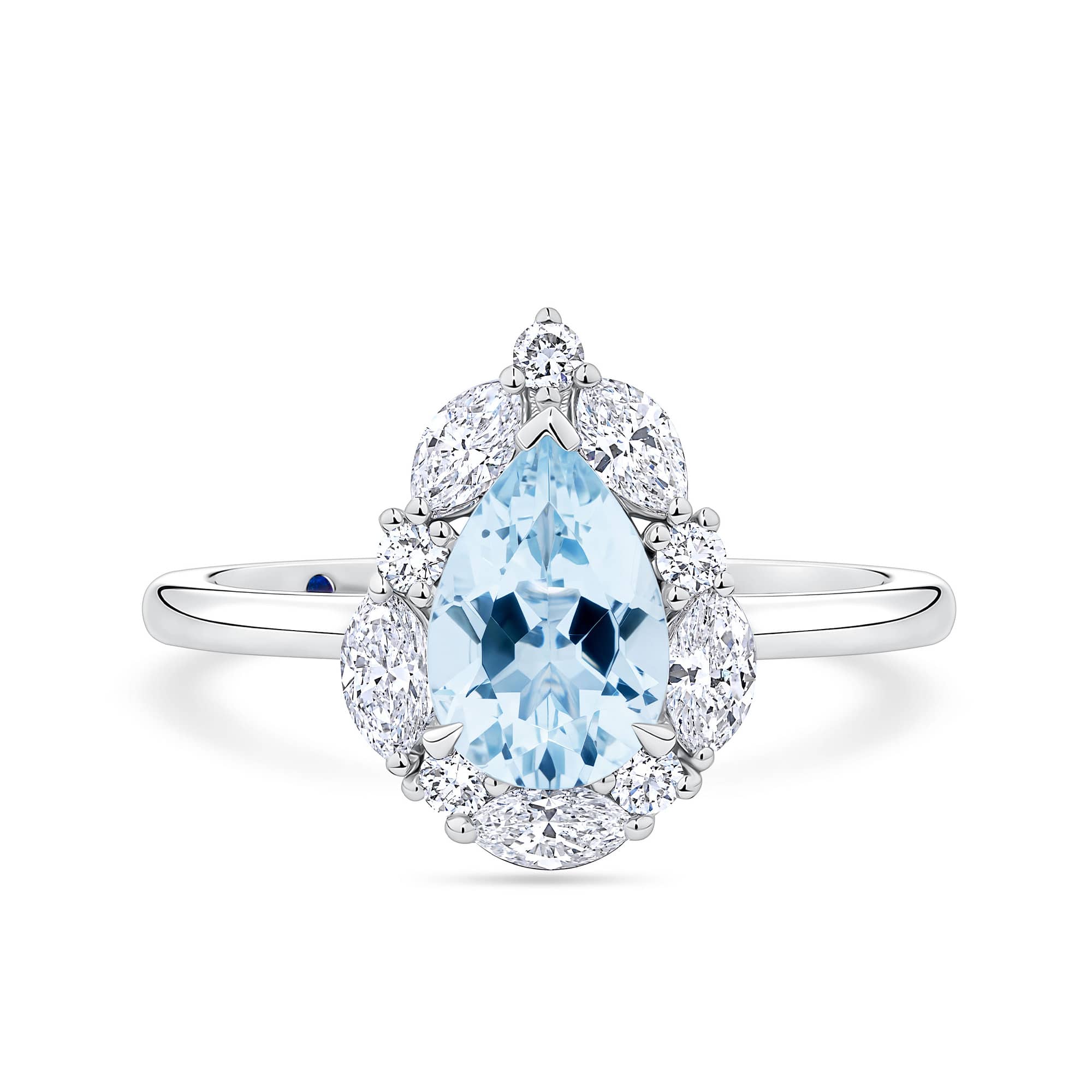 1917™ aquamarine and 0.52ct TW diamond halo engagement ring in 18ct white gold, photographed front on. The pear cut aquamarine centre stone is surrounded by a halo of marquise and round brilliant cut diamonds on a plain polished band.