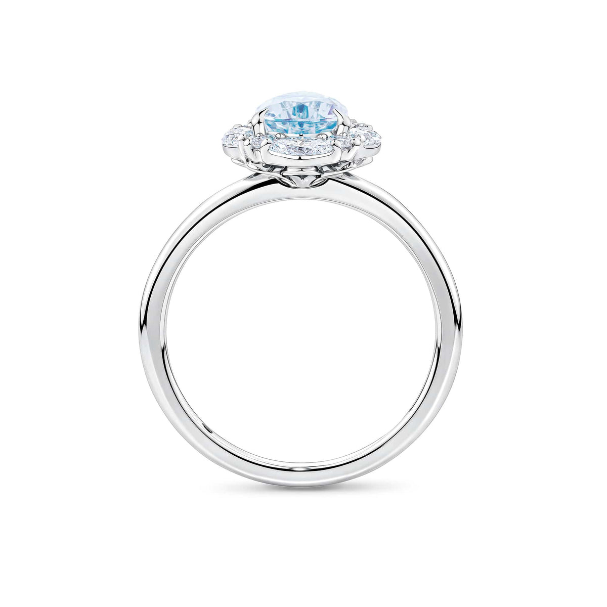 1917™ aquamarine and 0.52ct TW diamond halo engagement ring in 18ct white gold, photographed side on.