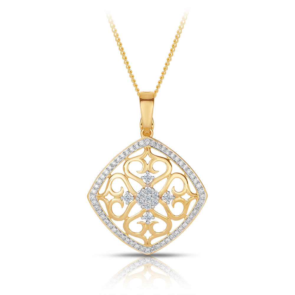 Fancy Filigree Diamond Pendant in 9ct Yellow Gold