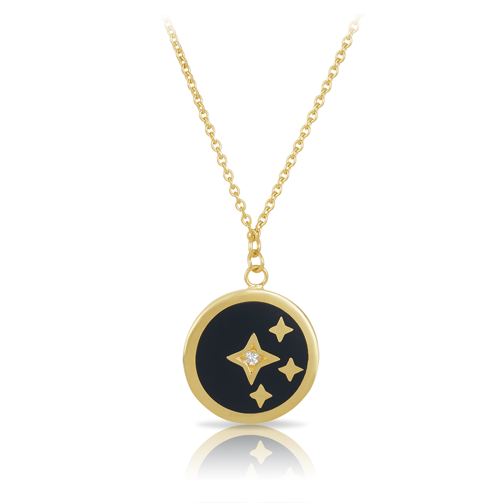 Diamond Star & Black Necklace in 9ct Yellow Gold
