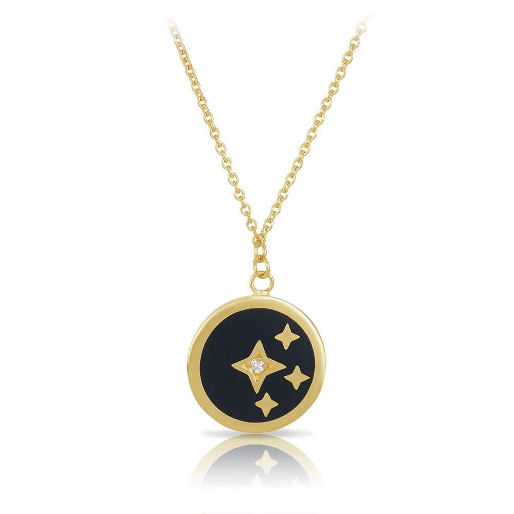 Diamond Star & Black Necklace in 9ct Yellow Gold