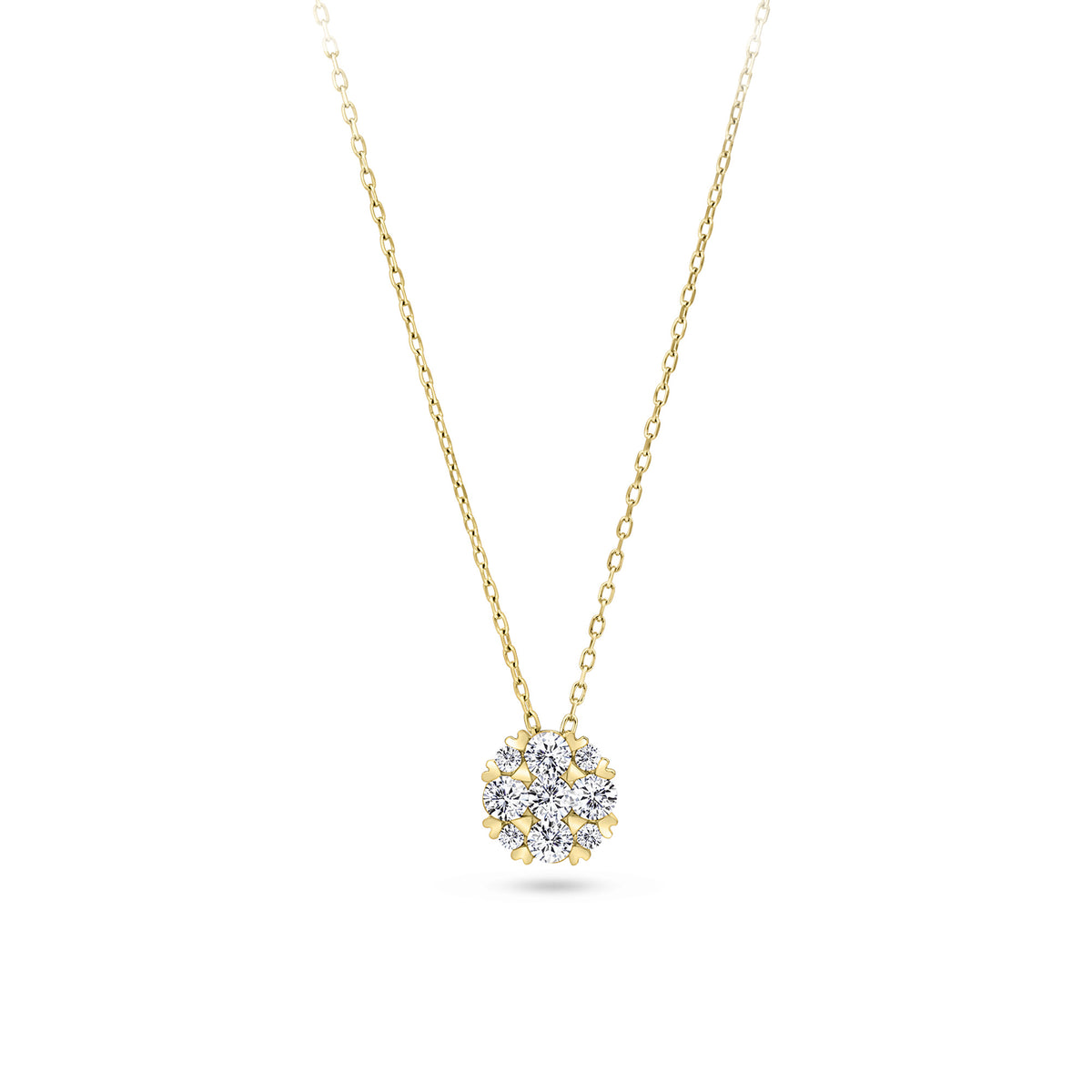 Front-on view of the Wallace Bishop 0.24 TDW Round Diamond Heart Prong Pendant in 9ct Yellow Gold, reference 3PBB239Y, on a cable chain with a parrot clasp. The pendant features a cluster of 9 claw-set natural round diamonds framed by small heart-shaped prong details.