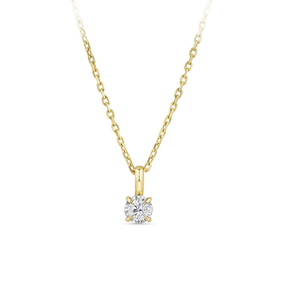Front-on view of the Wallace Bishop Essence 0.07 TDW Round Diamond Solitaire Pendant With Chain in 9ct Yellow Gold, reference 3PBRI008Y, measuring 10mm in length on a cable chain with a parrot clasp. The pendant features a single natural round diamond suspended from a bale.