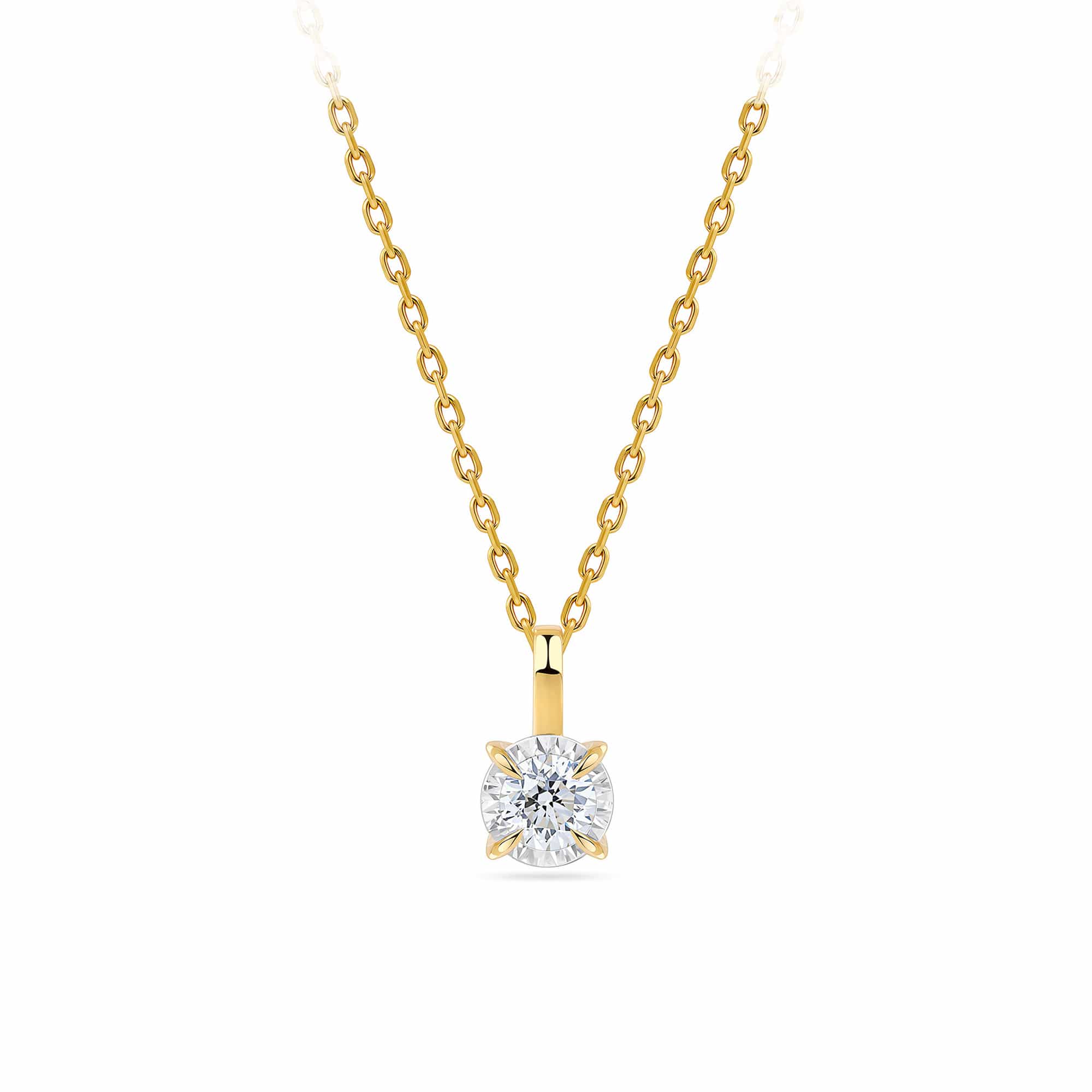 A classic solitaire necklace featuring a round brilliant-cut diamond pendant in a yellow gold four-prong setting, suspended from a matching yellow gold cable chain against a solid white background.