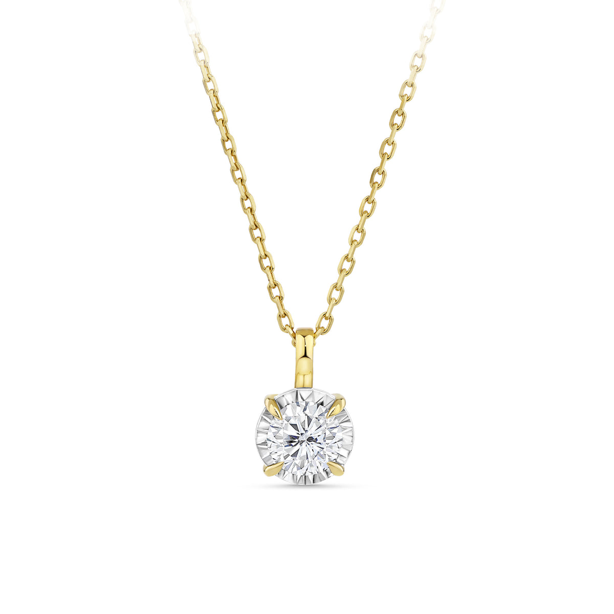 Front-on view of the Wallace Bishop Essence 0.50 TDW Round Diamond Solitaire Pendant With Chain in 9ct Yellow Gold, reference 3PBRI05Y, measuring 11.30mm in length on a cable chain with a parrot clasp. The pendant features a single natural round diamond suspended from a bale.