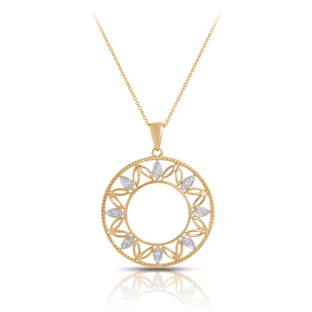 Diamond Circle Leaf Pendant in 9ct Yellow Gold