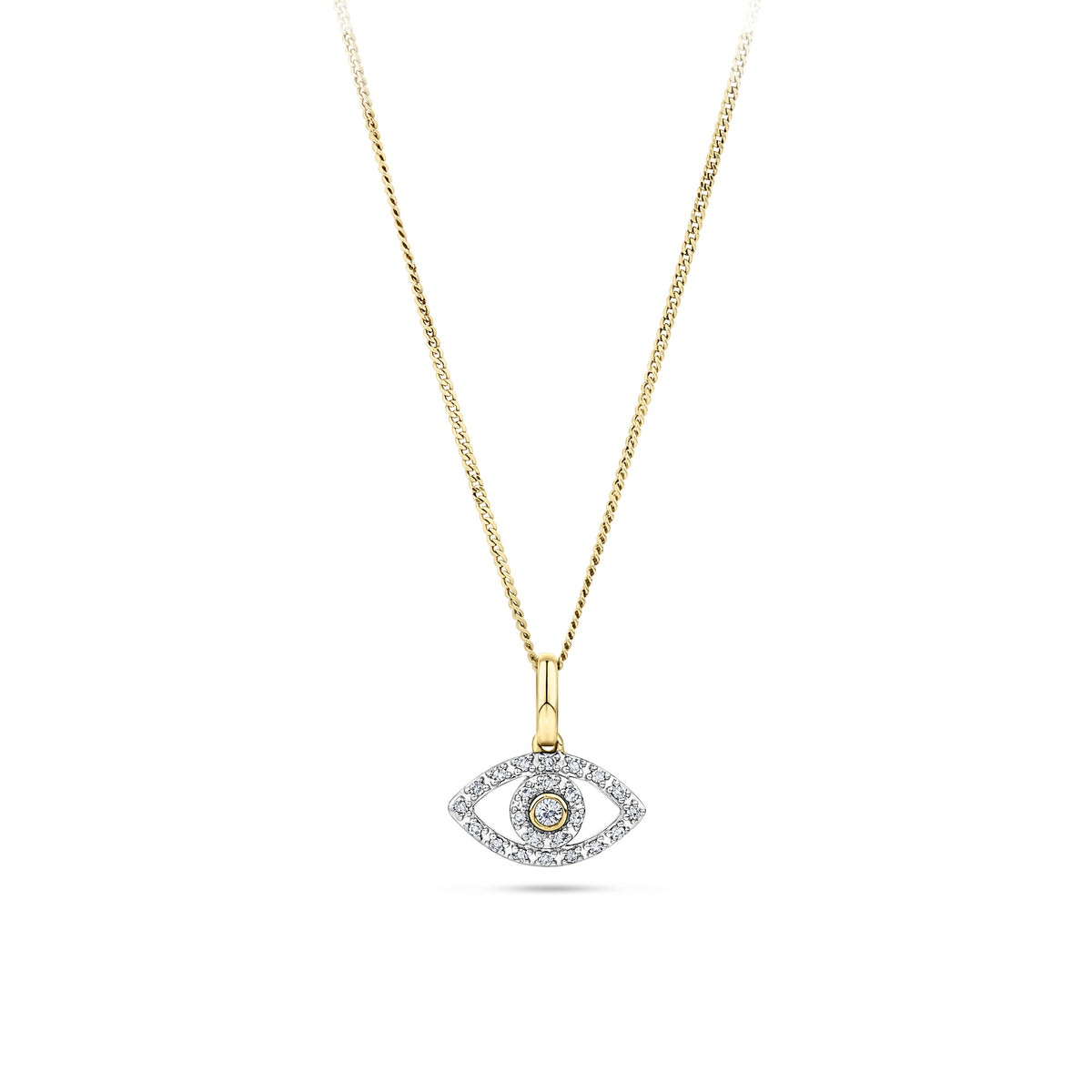Front-on view of the Wallace Bishop 0.14 TDW Round Diamond Evil Eye Pendant in 9ct Yellow Gold, reference 3PEYE1Y, hanging from a bale. The pendant features a classic evil eye design pavé set with round natural diamonds, measuring 12x7mm, chain not included.
