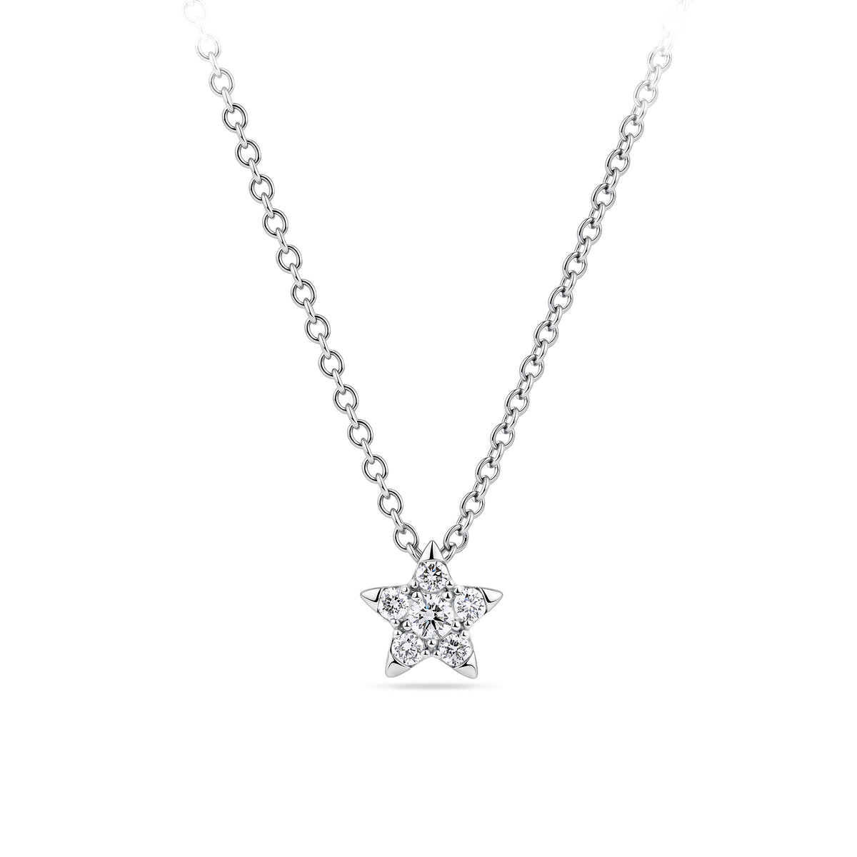 Front-on view of the Wallace Bishop 0.15 TDW Round Diamond Star Pendant in Sterling Silver, reference 3PSTARSS, on a cable chain with a parrot clasp. The star pendant features pavé-set natural round brilliant cut diamonds.