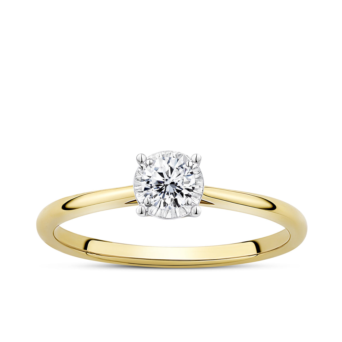Front-on view of the Wallace Bishop 0.23 TDW Round Diamond Solitaire Engagement Ring in 9ct Yellow Gold, reference 3SBRIL23YWO, on a polished band. The ring features a single natural round brilliant cut diamond set as the centrepiece.