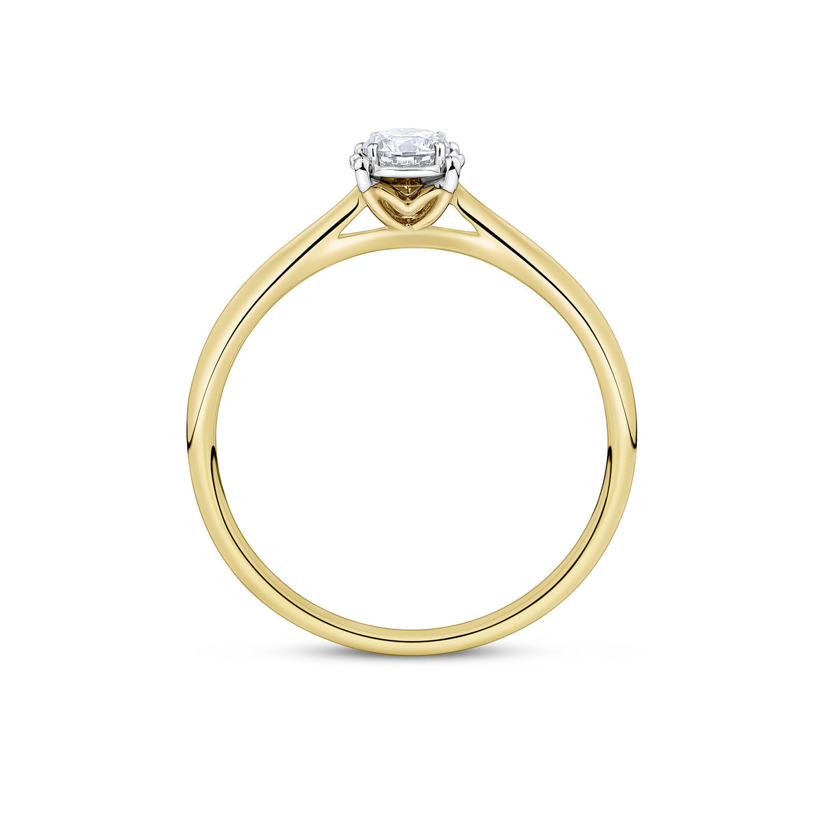 A yellow gold solitaire engagement ring featuring a round brilliant-cut diamond set in a two-tone prong setting