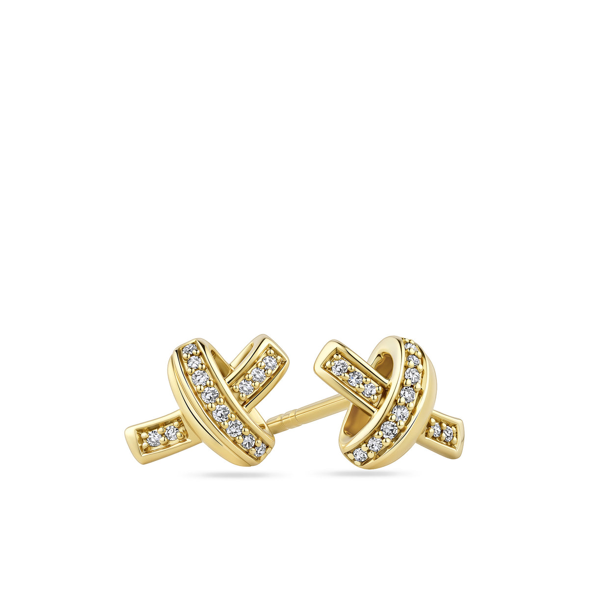 A pair of gold post earrings with a knotted cross design, embellished with rows of small clear pavé stones, shown on a plain white background.