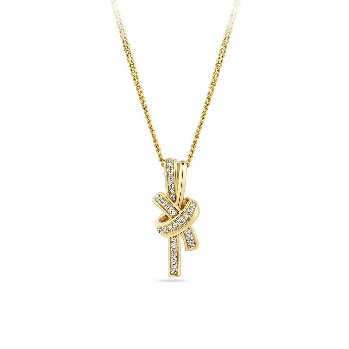 A gold necklace with a knot pendant paved with small clear stones, shown against a plain white background.