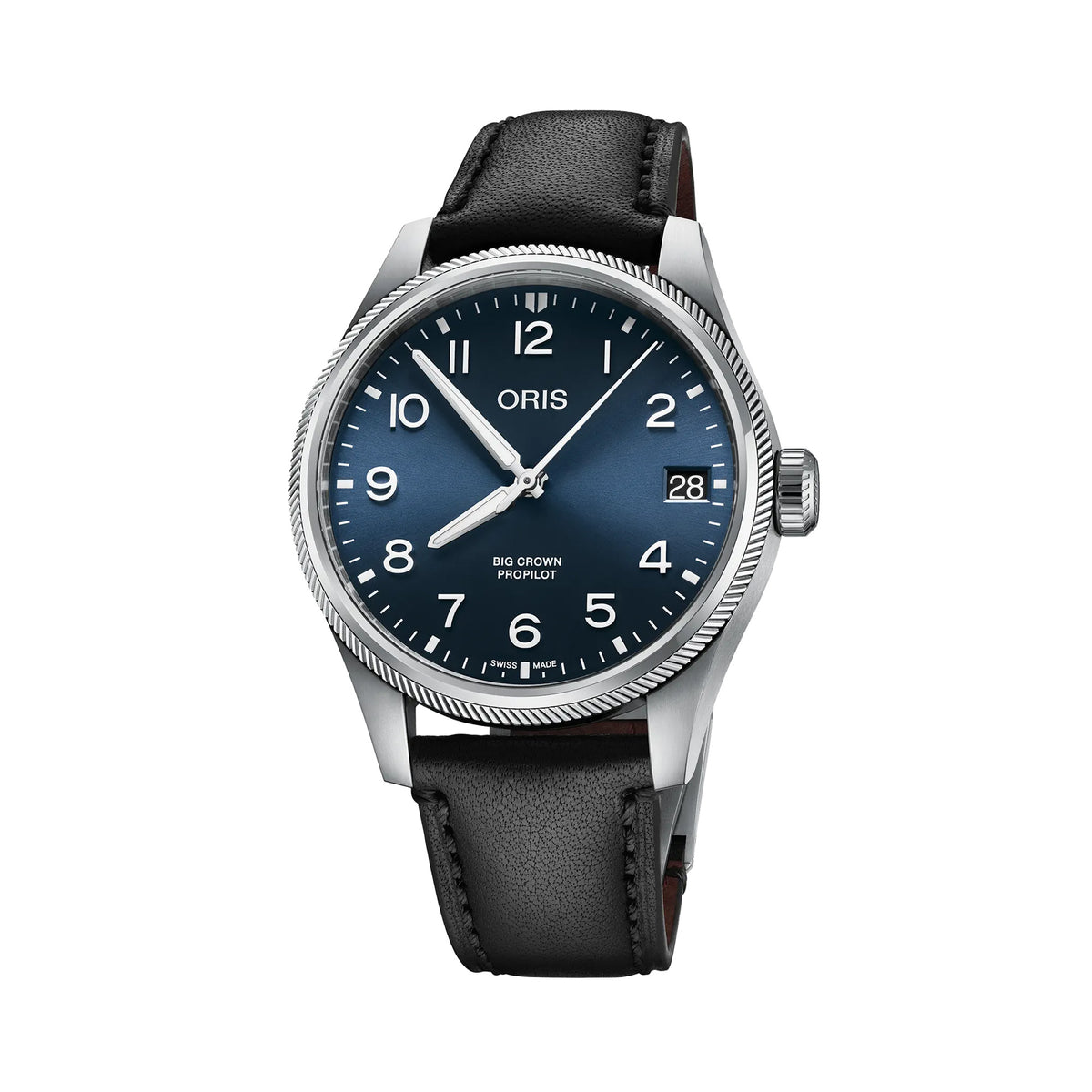 Oris Big Crown ProPilot 41mm Automatic Watch 01 751 7761 4065-07 3 20 05LC — The stainless steel case frames a blue sunray dial with bold Arabic numerals, luminous hands and a Big Date window at 3 o’clock. The grey textile strap with stainless steel folding clasp gives the watch a clean, aviation-inspired look.