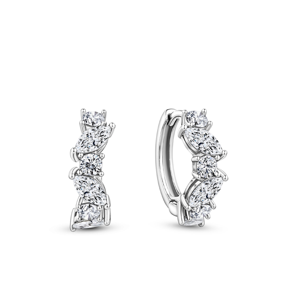 Front-on view of the Wallace Bishop Cubic Zirconia Cluster Huggies in Sterling Silver, reference 41ECZD02, measuring 15mm in length with a hinged clasp. Each huggie features a scatter of colourless cubic zirconias in various cuts.