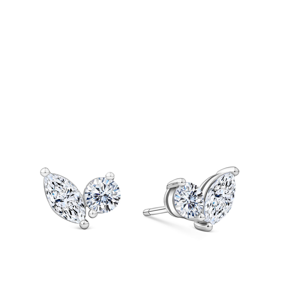 Front-on view of the Wallace Bishop Cubic Zirconia Cluster Stud Earrings in Sterling Silver, reference 41ECZD03. Each earring features one claw-set round cut and one claw-set marquise cut white cubic zirconia in a compact cluster design.