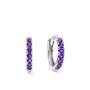 Front-on view of the Wallace Bishop Cubic Zirconia Huggies in Sterling Silver, reference 41ECZP88, with a 10mm hoop and 1.8mm width. The huggies feature a classic claw-set line of round purple cubic zirconias in polished sterling silver.