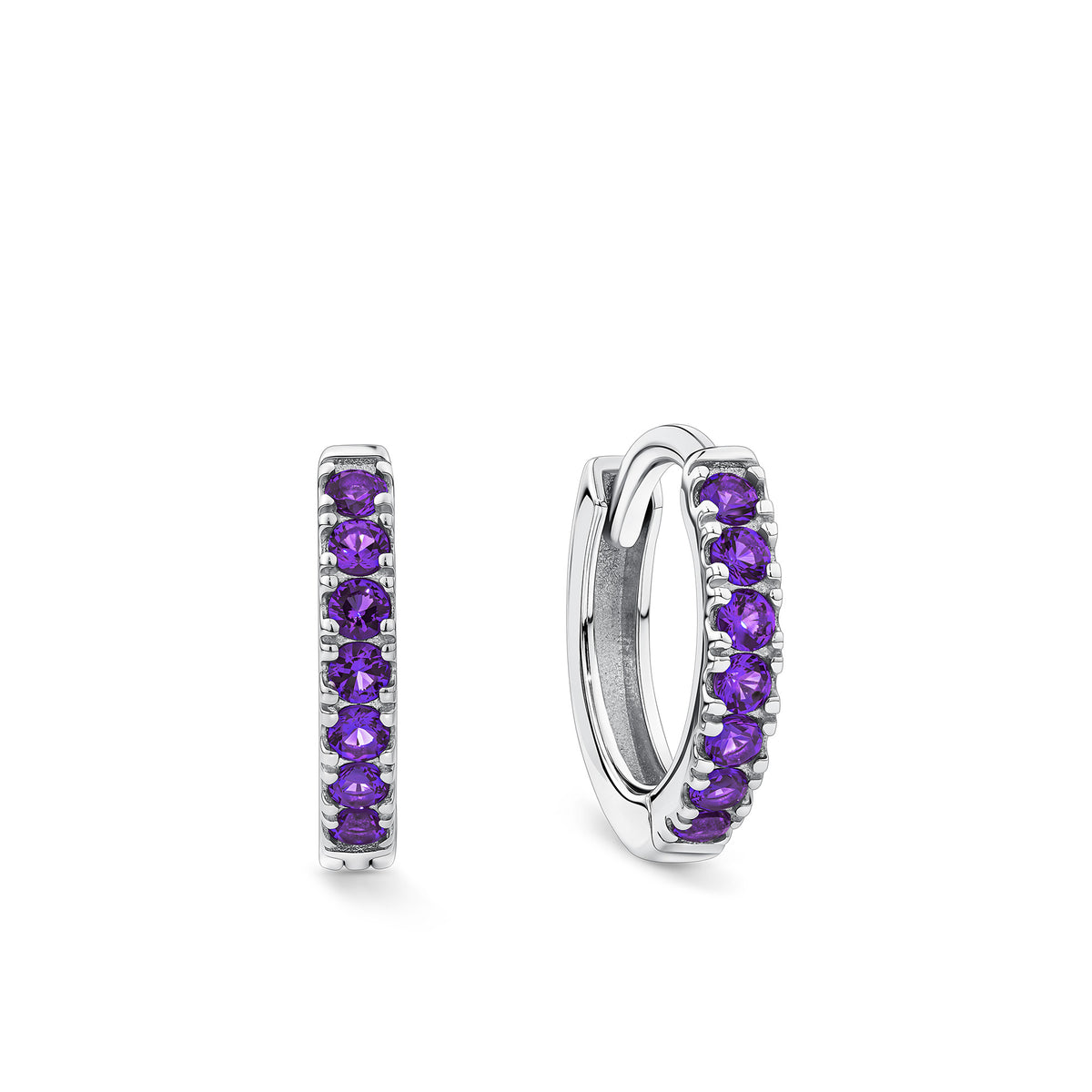 Front-on view of the Wallace Bishop Cubic Zirconia Huggies in Sterling Silver, reference 41ECZP88, with a 10mm hoop and 1.8mm width. The huggies feature a classic claw-set line of round purple cubic zirconias in polished sterling silver.