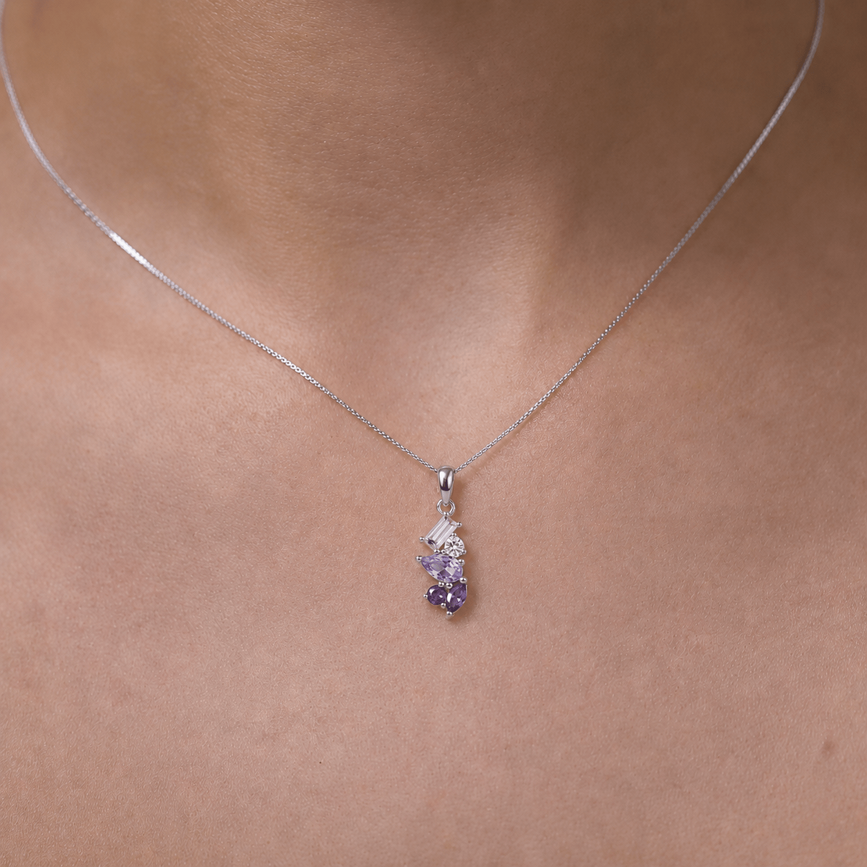 Purple & Pink Cubic Zirconia Scattered Pendant in Sterling Silver